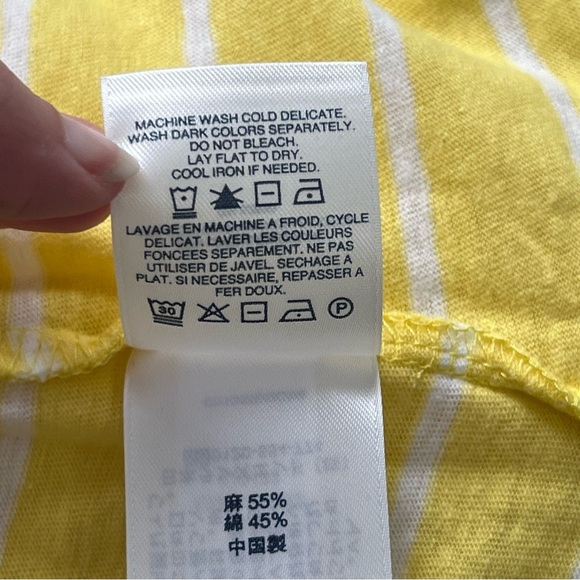 Lands End Yellow Striped Split Neck Polo Shirt Linen Blend Size Large Top 14/16 - Picture 9 of 11